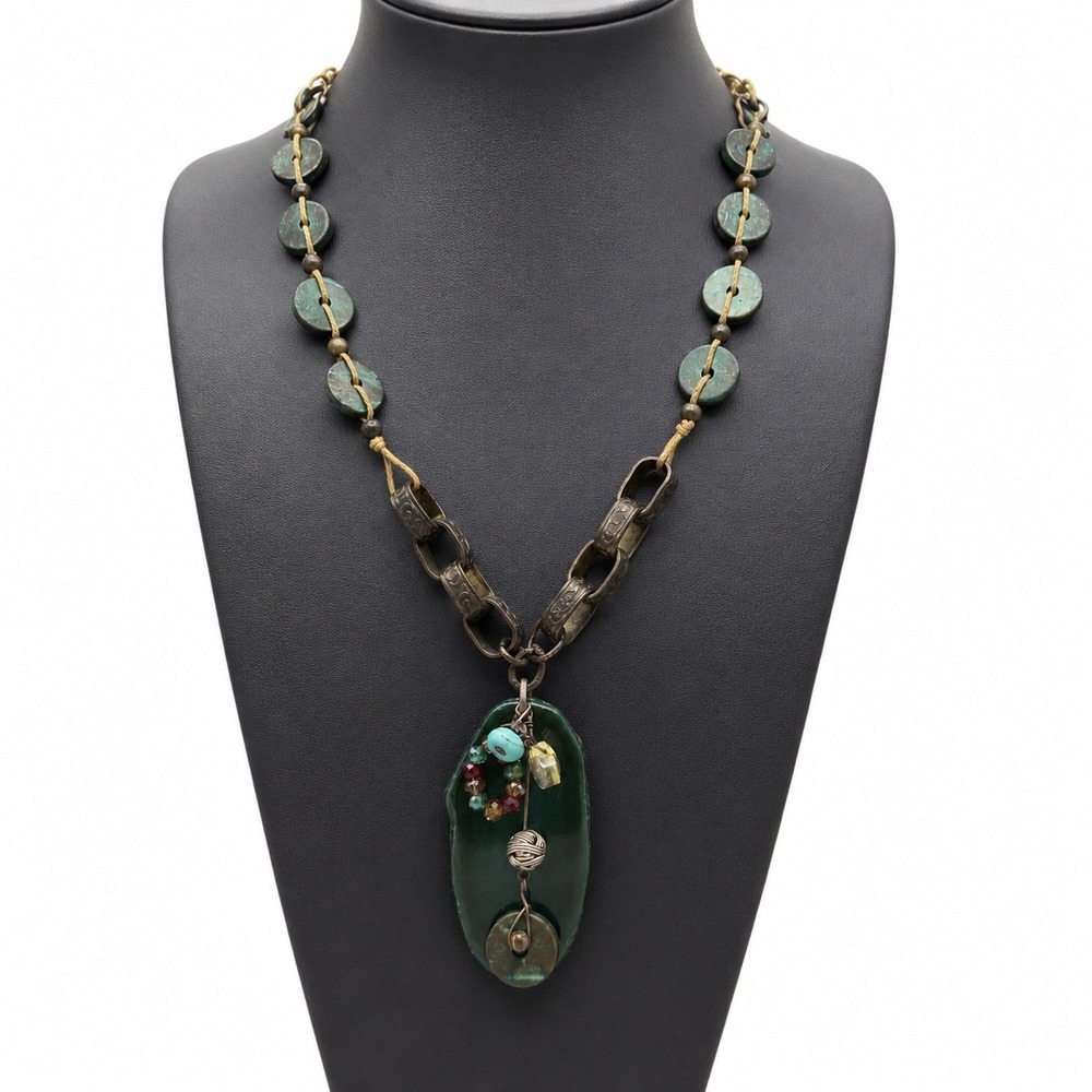 Vintage Artisan Green Glass Pendant Beaded Seed Bronze Tone Metal Cord Chain